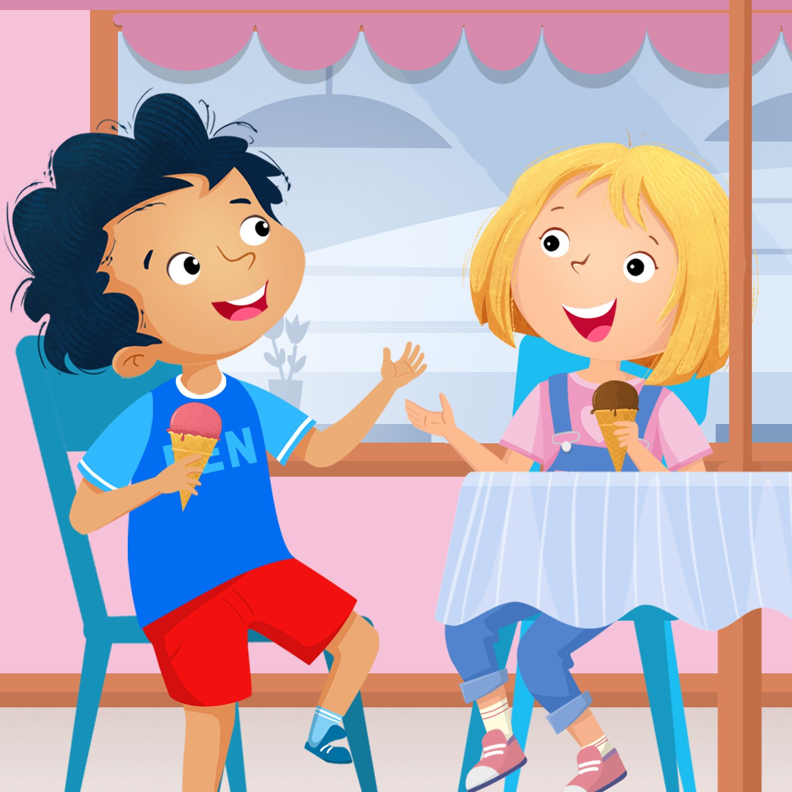 Na ilustracji ukazano dwójkę dzieci, siedzących przy stole, rozmawiających i jedzących lody.
