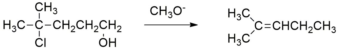 Ilustracja przedstawiająca równanie reakcji. Cząsteczka zbudowana jest z atomu węgla podstawionego dwiema grupami metylowymi CH3 oraz atomem chloru, a także związana z grupą CH2 łączącą się z kolejną grupą CH2, ta z następną grupą CH2 podstawioną grupą hydroksylową OH. Strzałka w prawo, nad strzałką anion CH3O-. Za strzałką cząsteczka alkenu zbudowanego atomu węgla podstawionego dwiema grupami metylowymi i połączonego za pomocą wiązania podwójnego z grupą CH, która to łączy się z grupą metylenową CH2 podstawioną grupą metylową CH3.