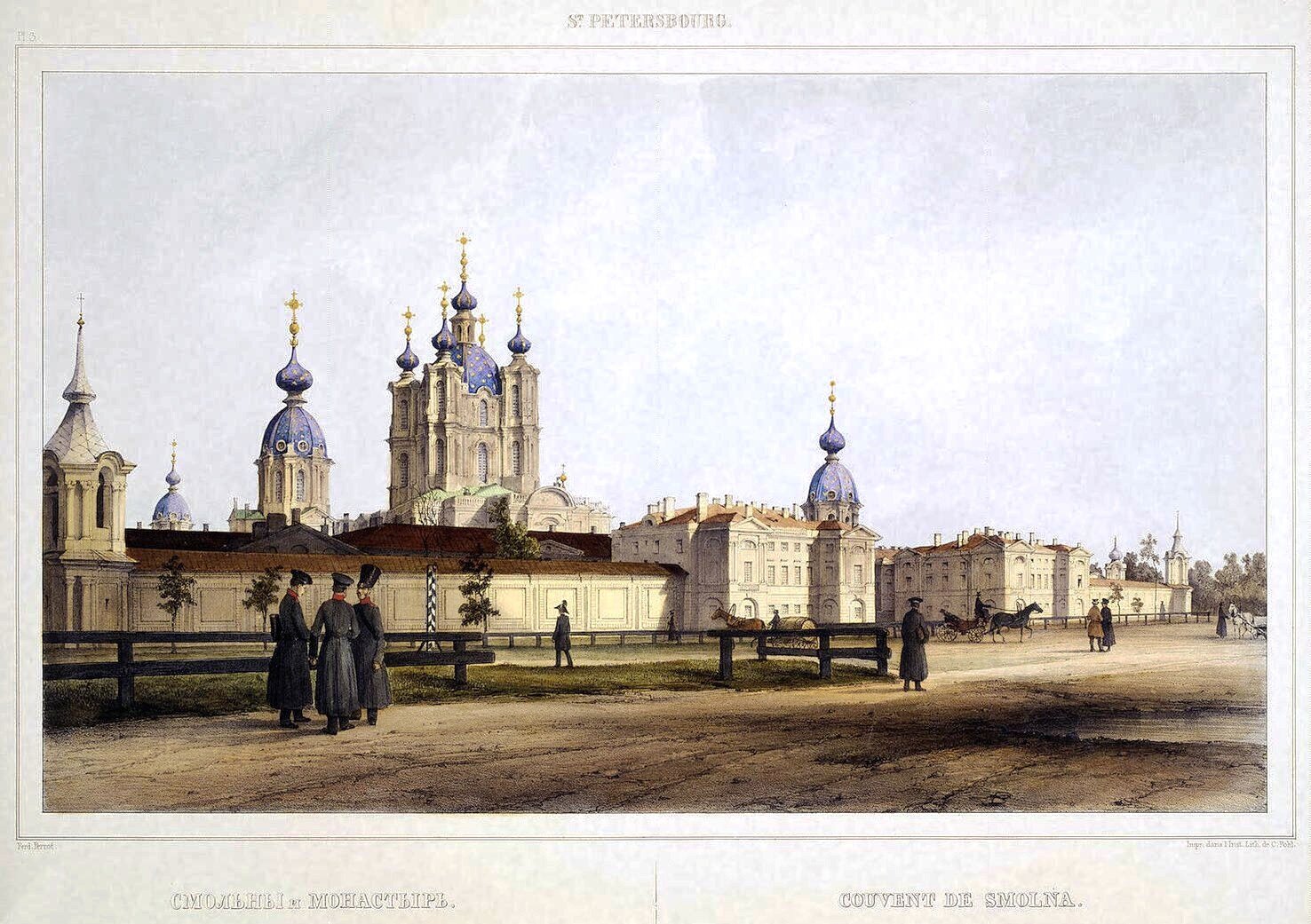 Monaster Smolny w Petersburgu Źródło: Monaster Smolny w Petersburgu, 1841, kolorowana litografia, Ermitaż, Petersburg, domena publiczna.