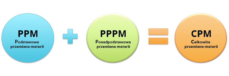 Schemat przedstawia wzór. PPM + PPPM = CPM PPM - podstawowa przemiana materii PPPM - ponadpodstawowa przemiana materii  CPM - całkowita przemiana materii