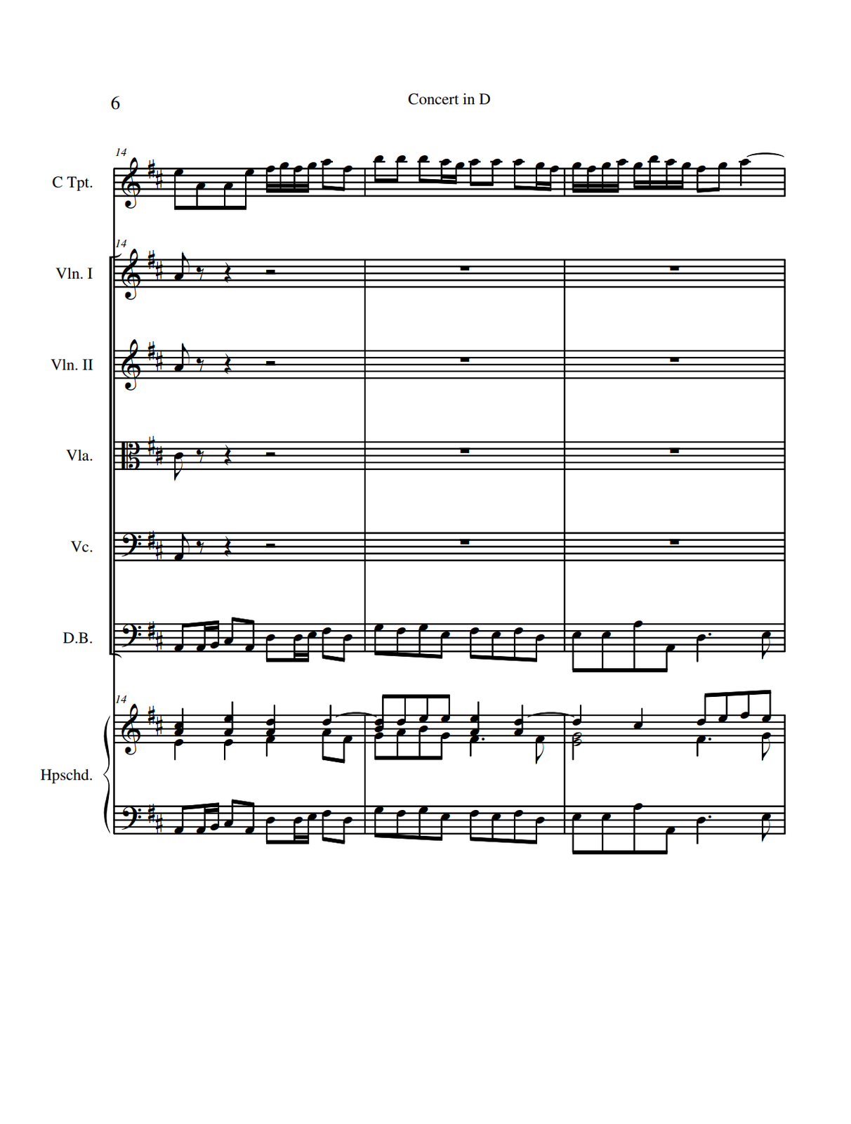 Na stronie szóstej w partii trąbki w takcie czternastym na miarę pierwszą grane są ósemki: e oraz a, na miarę drugą a oraz e, na trzecią miarę szesnastki fis, g, fis oraz g, na czwartą miarę ósemki a oraz fis. W takcie piętnastym na pierwszą miarę zapisano dwie ósemki h, na miarę drugą ósemkę h oraz szesnastki a i g, na trzecią miarę dwie ósemki a, na czwartą miarę ósemki a oraz szesnastki g i fis. W takcie szesnastym na pierwszą miarę grane są szesnastki: g, fis, g oraz a, na miarę drugą szesnastki: g, h, a oraz h, na miarę trzecią ósemki fis oraz g, a na miarę czwartą ćwierćnuta a, przedłużona do kolejnego taktu. W partii pierwszych skrzypiec w takcie czternastym na pierwsza miarę zapisano ósemkę a oraz pauzę ósemkową, na miarę drugą pauzę ćwierćnutową, a na miarę trzecią pauzę półnutową. W taktach piętnastym oraz szesnastym zapisano wyłącznie pauzy całonutowe. W partii drugich skrzypiec w takcie czternastym na pierwszą miarę zapisano ósemkę a oraz pauzę ósemkową, na miarę drugą pauzę ćwierćnutową, a na miarę trzecią pauzę półnutową. W taktach piętnastym oraz szesnastym zapisano wyłącznie pauzy całonutowe. W partii altówki skrzypiec w takcie czternastym na pierwszą miarę zapisano ósemkę cis oraz pauzę ósemkową, na miarę drugą pauzę ćwierćnutową, a na miarę trzecią pauzę półnutową. W taktach piętnastym oraz szesnastym zapisano wyłącznie pauzy całonutowe. W partii wiolonczeli w takcie czternastym na pierwszą miarę zapisano ósemkę a oraz pauzę ósemkową, na miarę drugą pauzę ćwierćnutową, a na miarę trzecią pauzę półnutową. W taktach piętnastym oraz szesnastym zapisano wyłącznie pauzy całonutowe. W partii kontrabasu w takcie czternastym na pierwszą miarę zapisano ósemkę a oraz szesnastki: a oraz h, na miarę drugą szesnastki cis oraz a, na trzecią miarę ósemkę d oraz szesnastki: d oraz e, a na miarę czwartą ósemki fis oraz d. W piętnastym takcie na pierwszą marę grane są ósemki g oraz fis, na miarę drugą ósemki g oraz e, na trzecią miarę ósemki fis oraz e, na miarę czwartą ósemki fis oraz d. W takcie szesnastym na pierwszą miarę zapisano dwie ósemki e, na miarę drugą dwie ósemki a, przy czym druga oktawę niżej od pierwszej, na miarę trzecią ćwierćnutę z kropką d, a dalej ósemkę e. W partii klawesynu w kluczu wiolinowym na pierwszą miarę zapisano ćwierćnutę‑trójdźwięk A‑dur w drugim przewrocie, złożony z dźwięków e, a oraz cis, na drugą miarę ćwierćnutę‑trójdźwięk, złożony z nut e, a oraz ponownie e oktawę wyżej, na trzecią miarę ćwierćnutę‑trójdźwięk D‑dur w pierwszym przewrocie, złożony z dźwięków fis, a oraz d, a na miarę czwartą w wyższym głosie ćwierćnutę d, przedłużoną do kolejnego taktu, natomiast w głosie niższym ósemki a oraz fis. W takcie piętnastym na pierwszą miarę zapisano ósemkę‑trójdźwięk G‑dur w postaci zasadniczej, złożony z dźwięków g, h oraz d, przy czym d jest przedłużone z poprzedniego taktu, dalej następuje ósemka‑dwudźwięk, złożona z a oraz d. Na drugą miarę zapisano ósemkę‑dwudźwięk z nut h oraz e, a dalej kolejną ósemkę‑dwudźwięk, złożoną z dźwięków g oraz e. Na miarę trzecią w wyższym głosie zapisano ćwierćnutę‑dwudźwięk złożoną z nut a oraz e, a w głosie niższym ćwierćnutę z kropką fis. Na miarę czwartą w wyższym głosie zapisano ćwierćnutę‑dwudźwięk, złożoną z nut a oraz d, przy czym d przedłużono do kolejnego taktu, a w niższym głosie na koniec taktu grana jest ósemka fis. W takcie szesnastym na pierwszą miarę w wyższym głosie zapisano ćwierćnutę d, przedłużoną z poprzedniego taktu, a w głosie niższym półnutę‑dwudźwięk e oraz g. Na drugą miarę w głosie wyższym grana jest ćwierćnuta cis. Na miary trzecią oraz czwartą w głosie wyższym zapisano ósemki: d oraz e na miarę trzecią, fis oraz e na miarę czwartą, a w głosie niższym najpierw ćwierćnutę z kropką fis, a później ósemkę g. W partii klawesynu w kluczu basowym w takcie czternastym na pierwszą miarę zapisano ósemkę a oraz szesnastki: a oraz h, na miarę drugą szesnastki cis oraz a, na trzecią miarę ósemkę d oraz szesnastki: d oraz e, a na miarę czwartą ósemki fis oraz d. W piętnastym takcie na pierwsza marę grane są ósemki g oraz fis, na miarę drugą ósemki g oraz e, na trzecią miarę ósemki fis oraz e, na miarę czwartą ósemki fis oraz d. W takcie szesnastym na pierwszą miarę zapisano dwie ósemki e, na miarę drugą dwie ósemki a, przy czym druga oktawę niżej od pierwszej, na miarę trzecią ćwierćnutę z kropką d, a dalej ósemkę e.