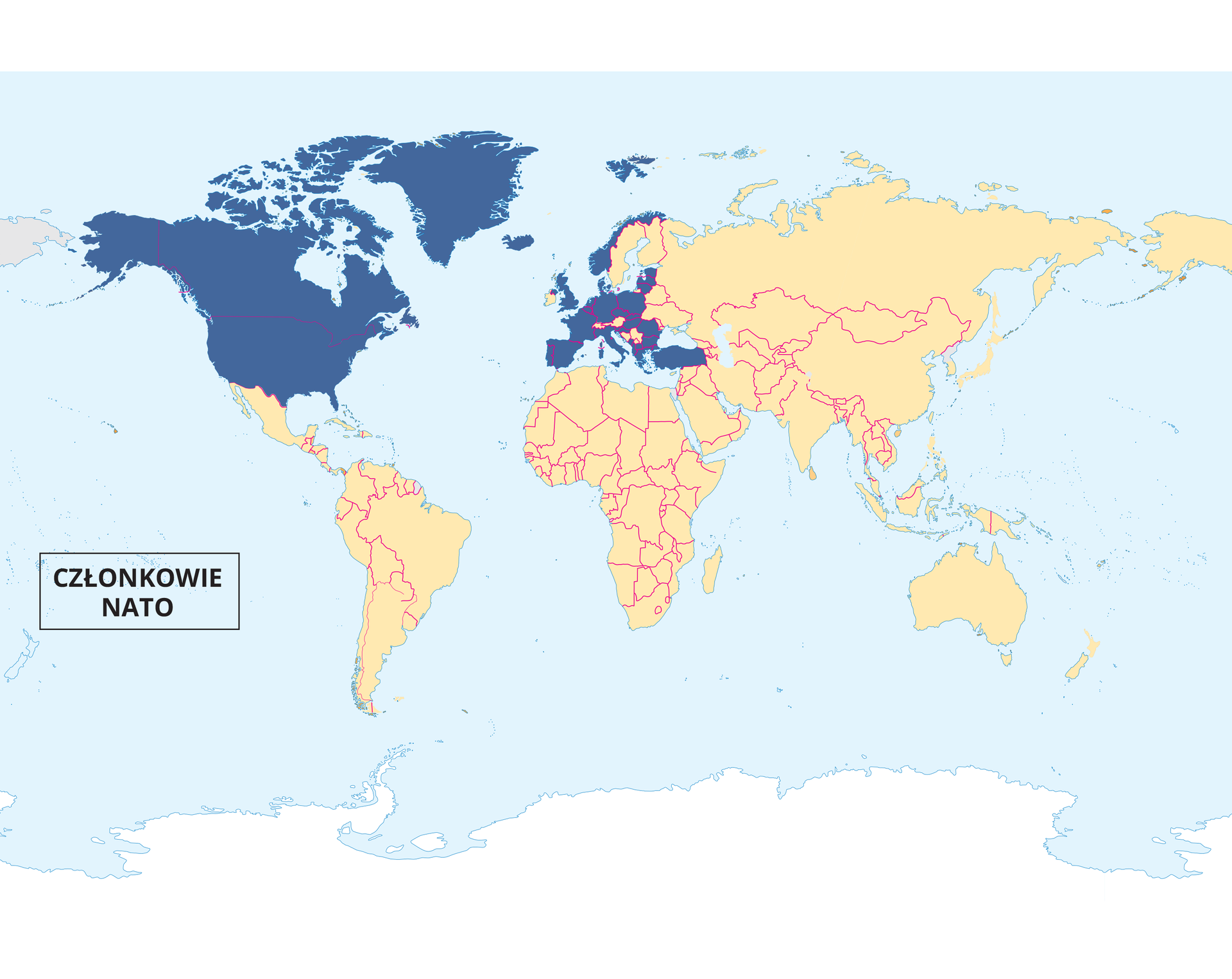 kliknij aby powiększyć Mapa świata z podziałem na kontynenty. Na mapie zaznaczono kolorem granatowym państwa, które są członkami NATO.Na mapie zaznaczono państwa, które w latach 1949‑2021 przystąpiły do NATO. Są to państwa: Belgia, Dania, Francja, Holandia, Islandia, Kanada, Luksemburg, Norwegia, Portugalia, Stany Zjednoczone, Wielka Brytania, Włochy, Grecja, Turcja, RFN, Hiszpania, Czechy, Polska, Węgry, Bułgaria, Estonia, Litwa, Łotwa, Rumunia, Słowacja, Słowenia, Albania, Chorwacja, Albania, Chorwacja, Czarnogóra, Macedonia Północna.