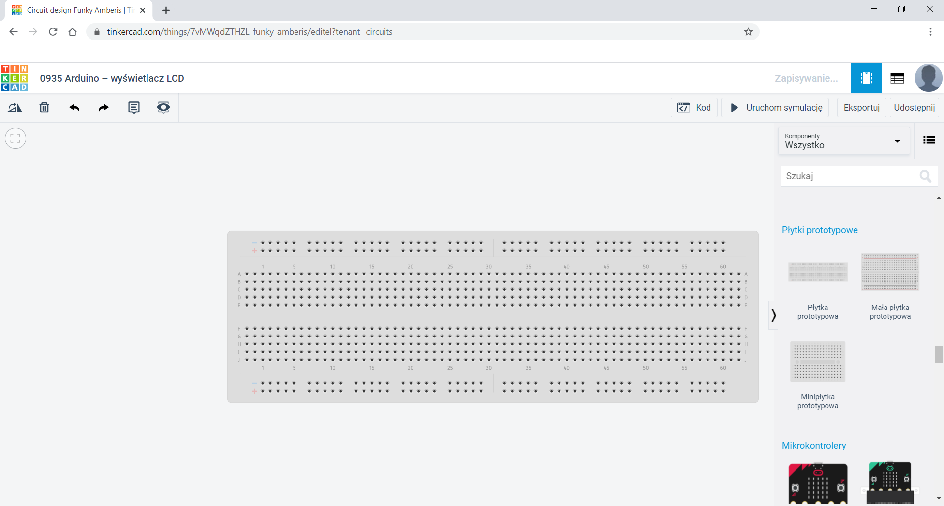 Zdjęcie ekranu przedstawia okno przeglądarki z otwartą stroną Tinkercad. W głównej strefie znajduje się płytka stykowa.