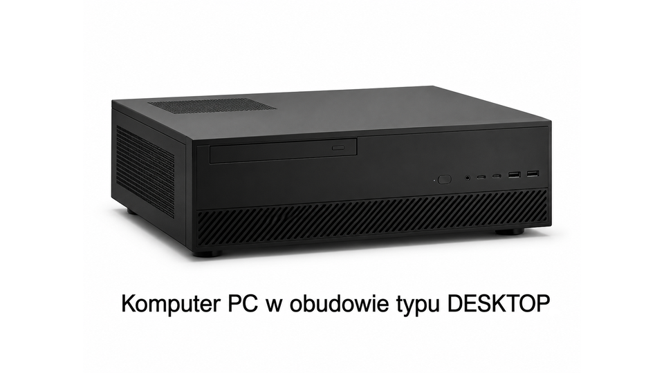 Fotografia komputera PC w obudowie typu DESKTOP - leżąca, płaska czarna skrzynka z kratką wentylacyjną na przedniej ścianie u dołu oraz gniazdami JACK, USB i USB‑C. W lewym górnym rogu znajduje się napęd optyczny CD/DVD. 