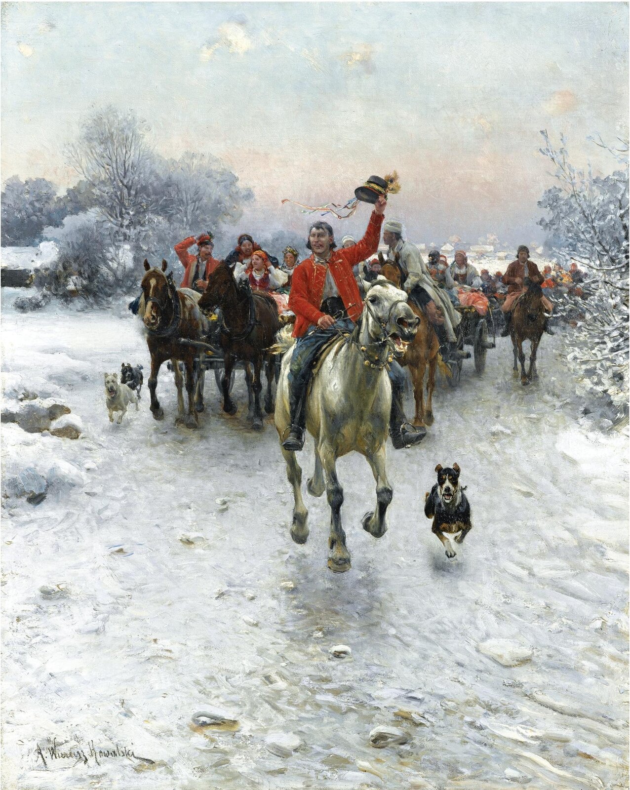 Obraz ukazuje wiejski orszak weselny w zimowym krajobrazie. Na czele jedzie mężczyzna na galopującym koniu. W lewej dłoni (prawej od strony patrzącego) trzyma uniesioną do góry czapkę ozdobioną kolorowymi wstążkami. Mężczyzna ma na sobie czerwony kubrak. Obok konia biegnie mały pies. Za mężczyzną jadą wozy, w których siedzą kobiety i mężczyźni. Wozy ciągną konie. Na tle śniegu orszak wyróżnia się kolorystyką. Po dwóch stronach jadących gości rosną drzewa. Są oszronione.