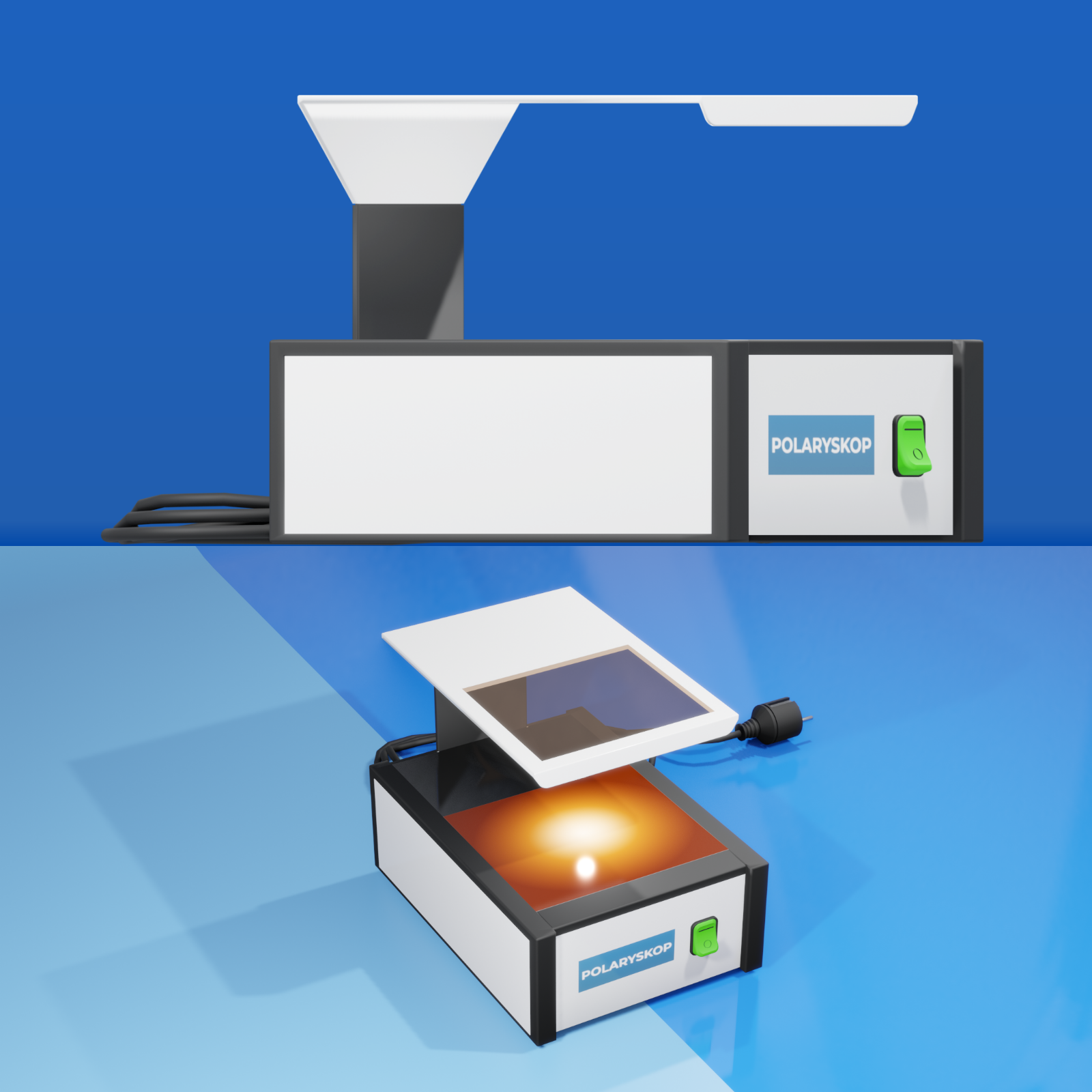 Grafika przedstawia polaryskop. Najprostszy polaryskop składa się z polaryzatora i analizatora, a między nimi umieszczany jest dany obiekt, podświetlany światłem z dolnej części.
