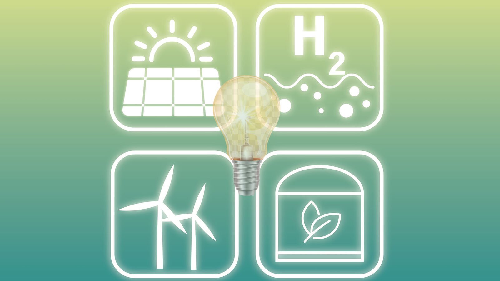 Ilustracja przestawia zieloną tablicę, na której umieszczono ikony opisujące alternatywne źródła energii.  Jest tu ikona paneli słonecznych, turbina wiatrowa, znak wody w zapisie chemicznym i listek . W środku obrazka umieszczono żarówkę.