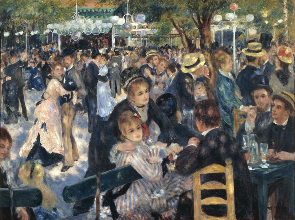 Ilustracja o kształcie poziomego prostokąta przedstawia obraz  Auguste Renoira                    „Bal w  Moulin de la Galette”. Obraz jest dynamiczny, oddaje beztroski nastrój niedzielnego popołudnia – epizod z ówczesnej klasy średniej. To przykład użycia jasnych barw dla oddania radosnej atmosfery i ruchu. Widać tańczące pary. Mężczyźni ubrani są w garnitury, kobiety w eleganckie długie suknie. Na pierwszym planie widać stolik i ławkę na której siedzi kobieta w jasnej sukni w niebieskie pasy. Za nią stoi oparta o jej ramię druga kobieta w ciemnej sukni i jasnych krótkich włosach. Na przeciw kobiet siedzi mężczyzna w ciemnym garniturze tyłem do widza.