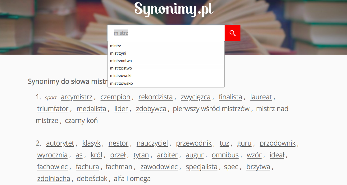 Ilustracja przedstawia zrzut z ekranu strony synonimy.pl. Na stronie tej znajduje się otwarta wyszukiwarka w którą wpisane jest słowo mistrz. Poniżej znajdują się przykładowe wyszukane synonimy słowa mistrz.