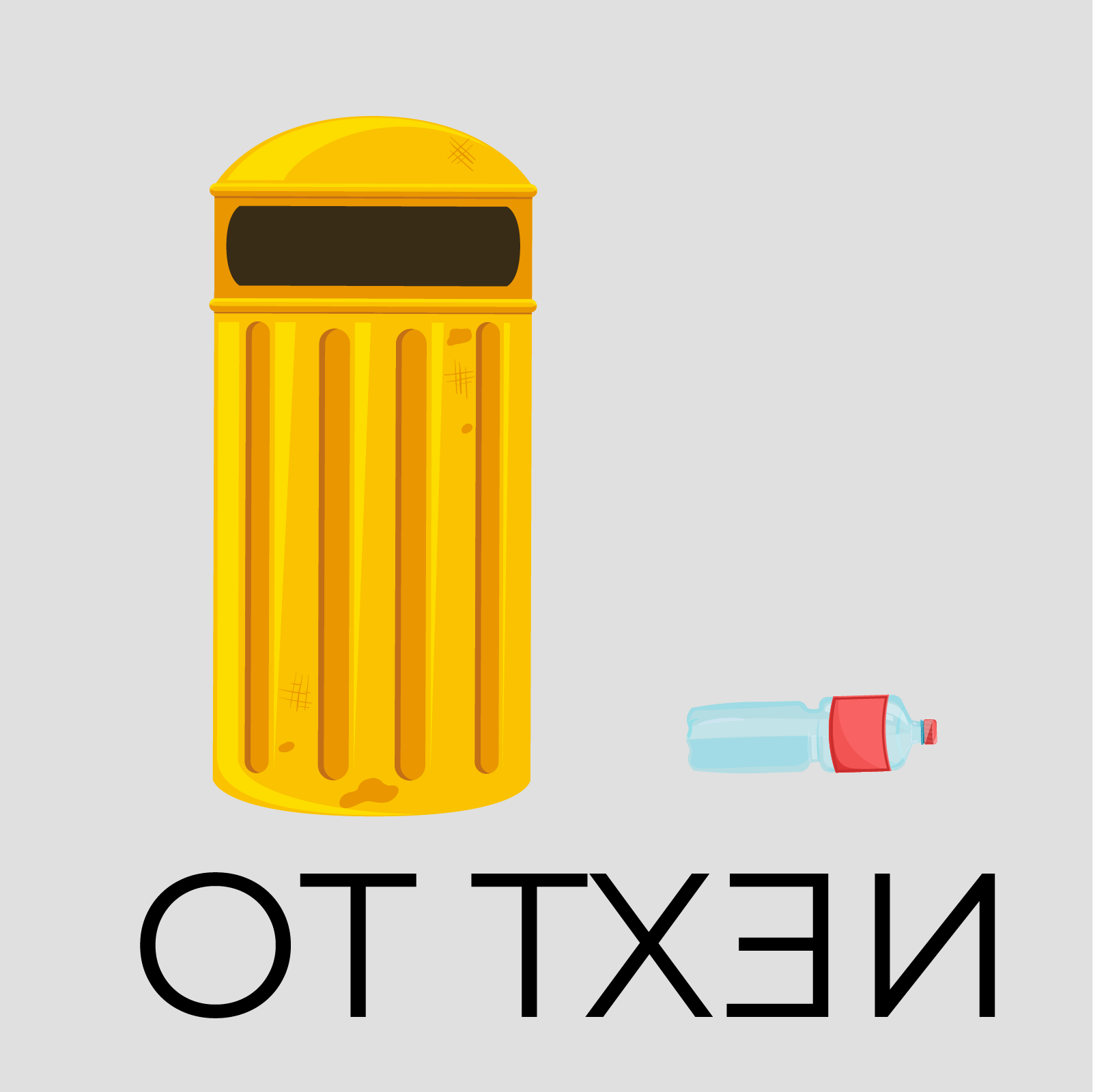 Ilustracja ukazuje żółty kosz na śmieci a obok leży plastikowa butelka po wodzie. 