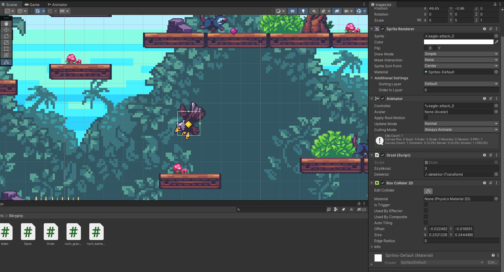 Ilustracja przedstawia panel programu  Unity Hub  z projektem gry platformowej. Widoczne są fragmenty niebieskiego nieba, obfita zielona roślinność na podłożu oraz drewniane platformy umiejscowione na różnych wysokościach. Nad środkową platformą unosi się postać orła w locie. Z prawej strony znajduje się lista menu z wypełnionymi okienkami i opcjami do zaznaczenia; kolejno, poczynając od góry –  Position: X 46.45, Y -0.96, Z 0, Rotation: X 0, Y 0, Z 0, Scale: X 5, Y 5, Z 1. Sprite: eagle‑attack_0, Color:  biały,  Flip: , odznaczona opcja X i Y,   Draw Mode: Simple, Mask Interaction: None, Sprite Sort Point: Center, Material:  zaznaczona opcja:   Sprites‑Default, Sorting Layer: Default, Order in Layer: 0,Conroller: eagle‑attack_0, Avatar: None (Avatar),  odznaczona opcja:   Apply Root Motion, Update Mode: Normal, Culling Mode: Always Animate,  pole tekstowe:  Clip Count: 1. Curver Pos: 0 Quat: 0 Euler: 0 Scale: 0 Muscles: 0 Generic: 0 PPtr:1 Curver Count: 1 Constant: 0 (0.0%) Dense: 0 (0.0%) Stream: 1 (100.00%),  Script:  Orzel, Szybkosc: 3, Detektor: detektor  (Transform). Edit Collider:  wybrana ikonka trzech kwadratów połączonych odcinkami,  Material: None (Phusics Material 2D),  odznaczone opcje:  Is Tigger, Used By Effector, Used By Composite, Auto Tiling, Offset: X -0.022462, Y -0.016551, Size: X 0.2321228, Y 0.2444869, Edge Radius: 0, Info, Sprites‑Default (Material), Shader: Sprites/Default .