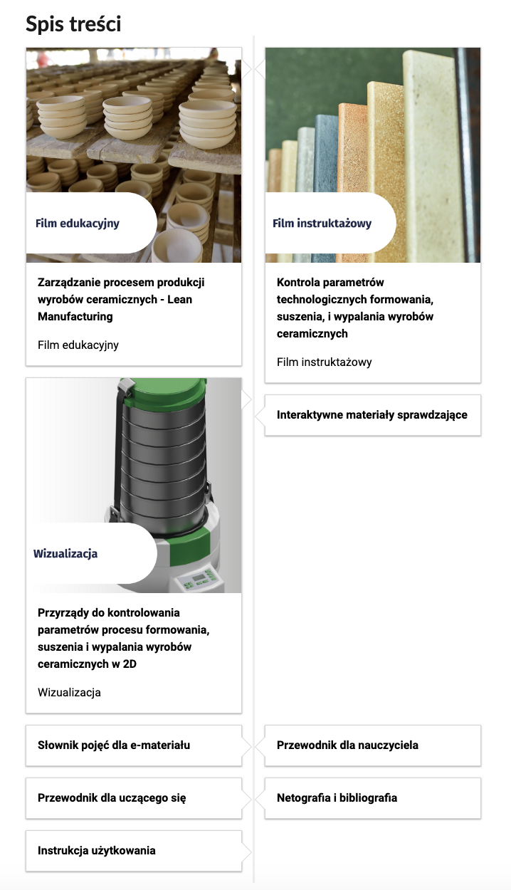 Grafika przedstawia wygląd spisu treści e‑zasobu. Na tym zrzucie widoczne są trzy kafelki i tytuły: Kafelek pierwszy przedstawia widok na ceramiczne miski ułożone w stosy. Na kafelku znajduje się napis: Film edukacyjny, a pod kafelkiem tytuł: Zarządzanie procesem produkcji wyrobów ceramicznych - Lean Manufacturing, wycieczka wirtualna. Drugi kafelek przedstawia kolorowe ceramiczne płytki. Na kafelku znajduje się napis: Film instruktażowy, a pod kafelkiem tytuł: Kontrola parametrów technologicznych formownia, suszenia i wypalania wyrobów ceramicznych, film edukacyjny. Kolejny kafelek przedstawia wstrząsarkę. Na zdjęciu napis: Wizualizacja. Poniżej tytuł: Przyrządy do kontrolowania parametrów procesu formowania, suszenia i wypalania wyrobów ceramicznych w 2D. Poniżej są kolejne zakładki spisu treści: Słownik pojęć dla e‑materiału. Przewodnik dla nauczyciela. Przewodnik dla uczącego się. Netografia i bibliografia. Instrukcja użytkowania.   