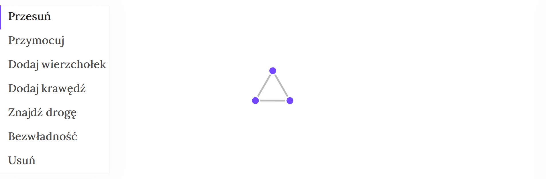 Animacja prezentuje właściwości opcji: przesuń.  Po najechaniu myszką i przytrzymaniu węzła możemy przesunąć graf.