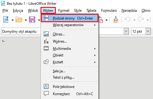 Ilustracja przestawia screen z paska górnego w programie  LibreOffice Writer . W pasku widoczne są zakładki: Plik, Edycja, Widok, Wstaw, Format, Style, Tabela, Formularz, Narzędzia, Okno. Zakładka Wstaw jest rozwinięta w pionową listę, znajdują się na niej ikonki wraz z opisami: Podział strony Ctrl+Enter, Więcej separatorów, Obraz…, Wykres…, Multimedia, Obiekt, Kształt, Sekcja…, Tekst z pliku…, Pole tekstowe, Komentarz Ctrl+Alt+C. W czerwonej ramce znajduje się zaznaczona pozycja: Podział strony Ctrl+Enter. 