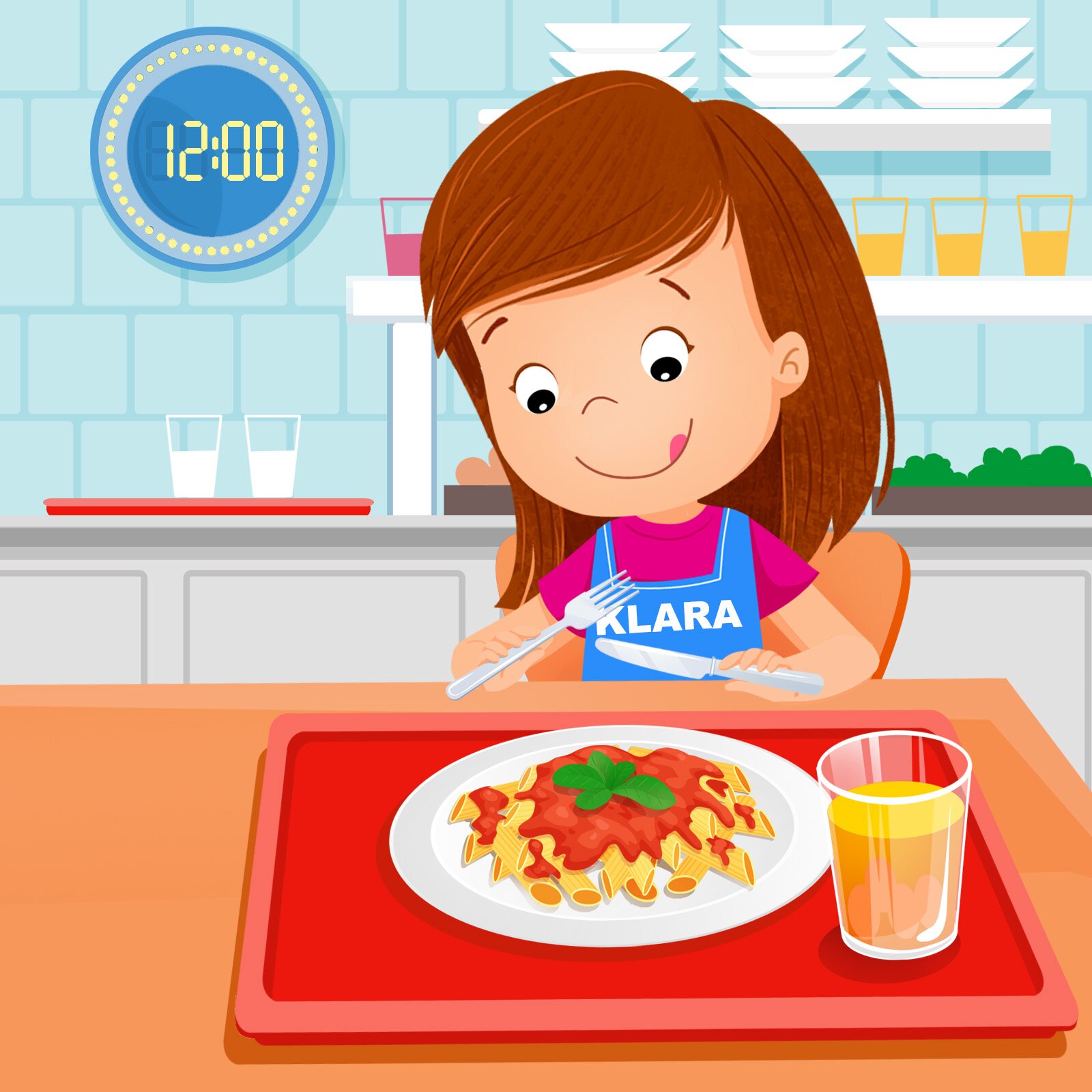Ilustracja przedstawia dziewczynkę, która je obiad w południe.