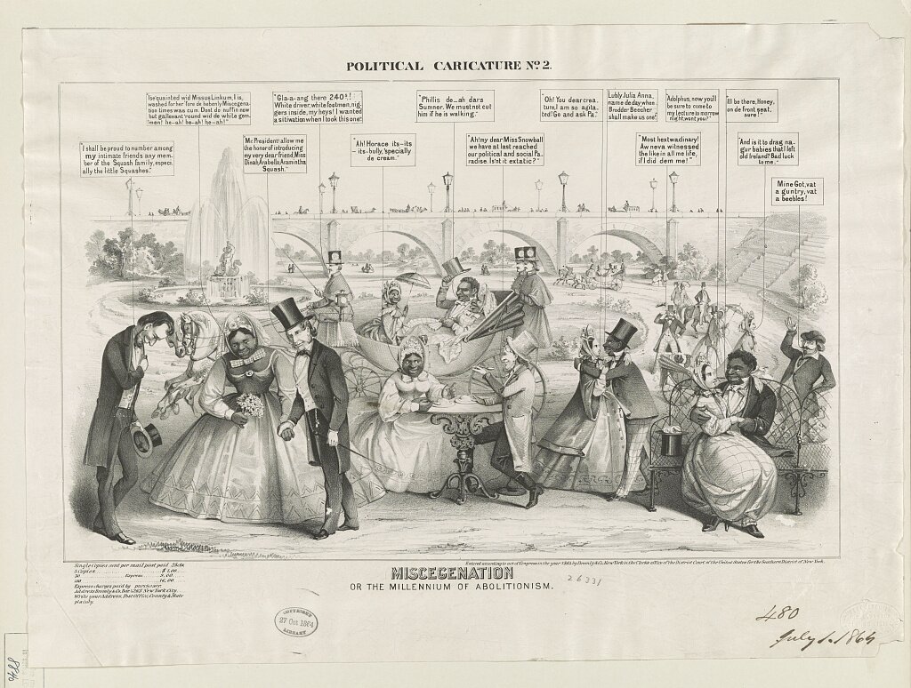 Ilustracja przedstawia radosne pary kobiet i mężczyzn. Siedzą na ławce, przytulają się lub jedzą wspólnie ciasto przy stoliku. Są to pary mieszane, łączące ludzi czarnoskórych z białymi. Po lewej stronie para bierze ślub. Z tyłu jest wóz prowadzony przez białego dorożkarza, w którym siedzi czarnoskóra para kobiety i mężczyzny.