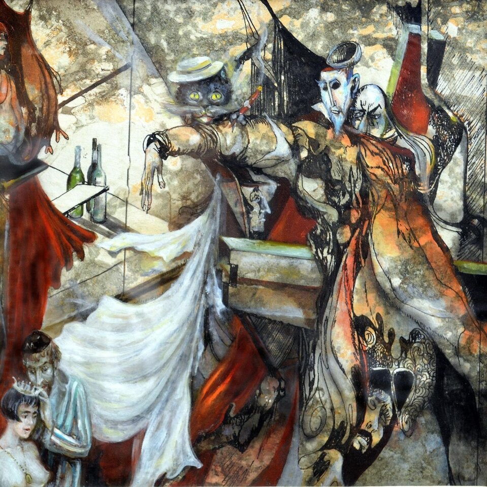 Obraz przedstawia kilka postaci. Są ukazane w sposób odrealniony. Po prawej stronie znajduje się mężczyzna z długimi włosami. Przed jego twarzą jest druga twarz - może to jego maska. Maska ma kozią bródkę i otwartą część głowy. Ramię mężczyzny z maską jest wyciągnięte do przodu, dłoń opuszczona w dół w taki sposób, jakby miał ją ktoś pocałować. Nad ramieniem widać głowę kota w kapeluszu. Kot ma długie wąsy. U stóp mężczyzny z maską widać kolejną twarz -  brodatego mężczyzny. Po lewej stronie obrazu znajduje się kobieta z długimi, rudymi włosami. Obok niej jest twarz mężczyzny w kapeluszu. Przed nim wisi na łańcuszku owalna zawieszka z wizerunkiem psa przypominającego pudla. Na dole po lewej stronie widać wizerunek kobiety z obnażonymi piersiami. Na szyi ma zawieszkę na długim łańcuszku, na głowie koronę. Obok niej stoi mężczyzna ubrany w pasiasty strój. Ma na głowie jarmułkę. Dotyka głowy kobiety. W tle obrazu stoją trzy butelki. Obraz ma bogatą kolorystykę.      