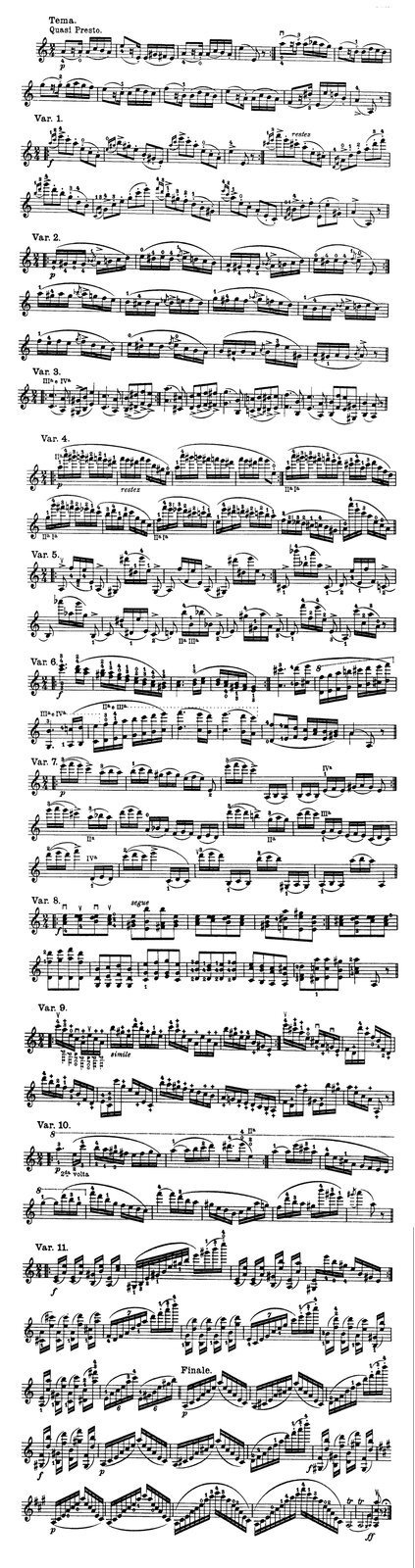 Ilustracja przedstawia zapis nutowy na pięciolinii przedstawiający partyturę „Kaprys a‑moll” Niccolò Paganiniego.