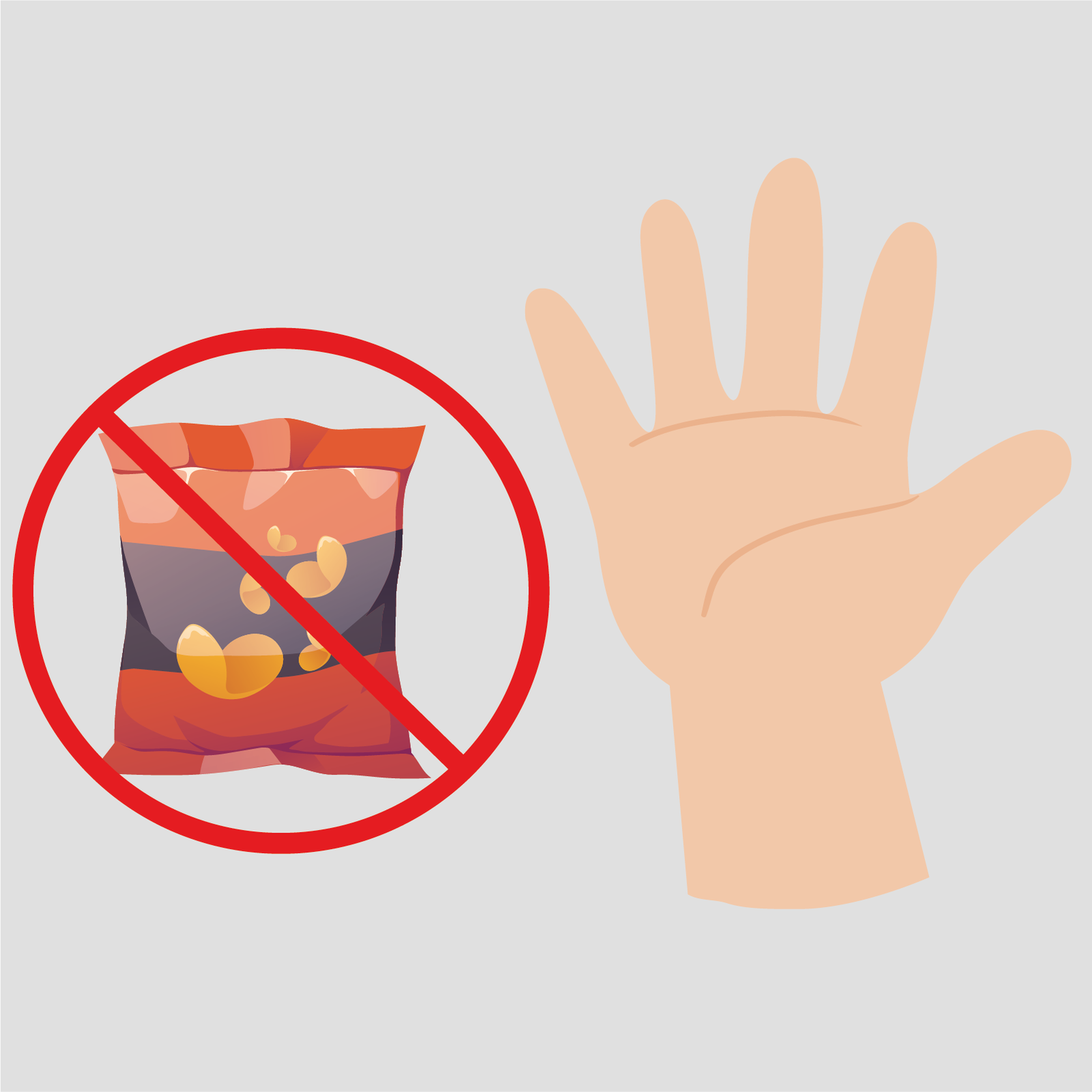 Ilustracja przedstawia paczkę czipsów przekreśloną w czerwonym kółku i dziecięcą dłoń obok niej.