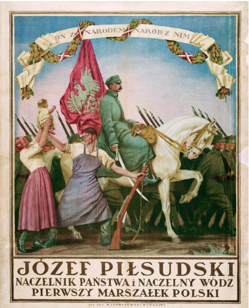 Plakat przedstawia Marszałka Józefa Piłsudskiego w mundurze, jadącego na białym koniu. U boku konia znajduje się mężczyzna w roboczym stroju, z karabinem w lewej ręce, prawą ręką dotyka małego dziecka, które na rękach unosi idąca obok mężczyzny kobieta. Nad wszystkimi osobami wisi szarfa z napisem On za narodem naród z nim. Pod plakatem widnieje podpis: Józef Piłsudski Naczelnik Państwa i Naczelny Wódz Pierwszy Marszałek Polski.