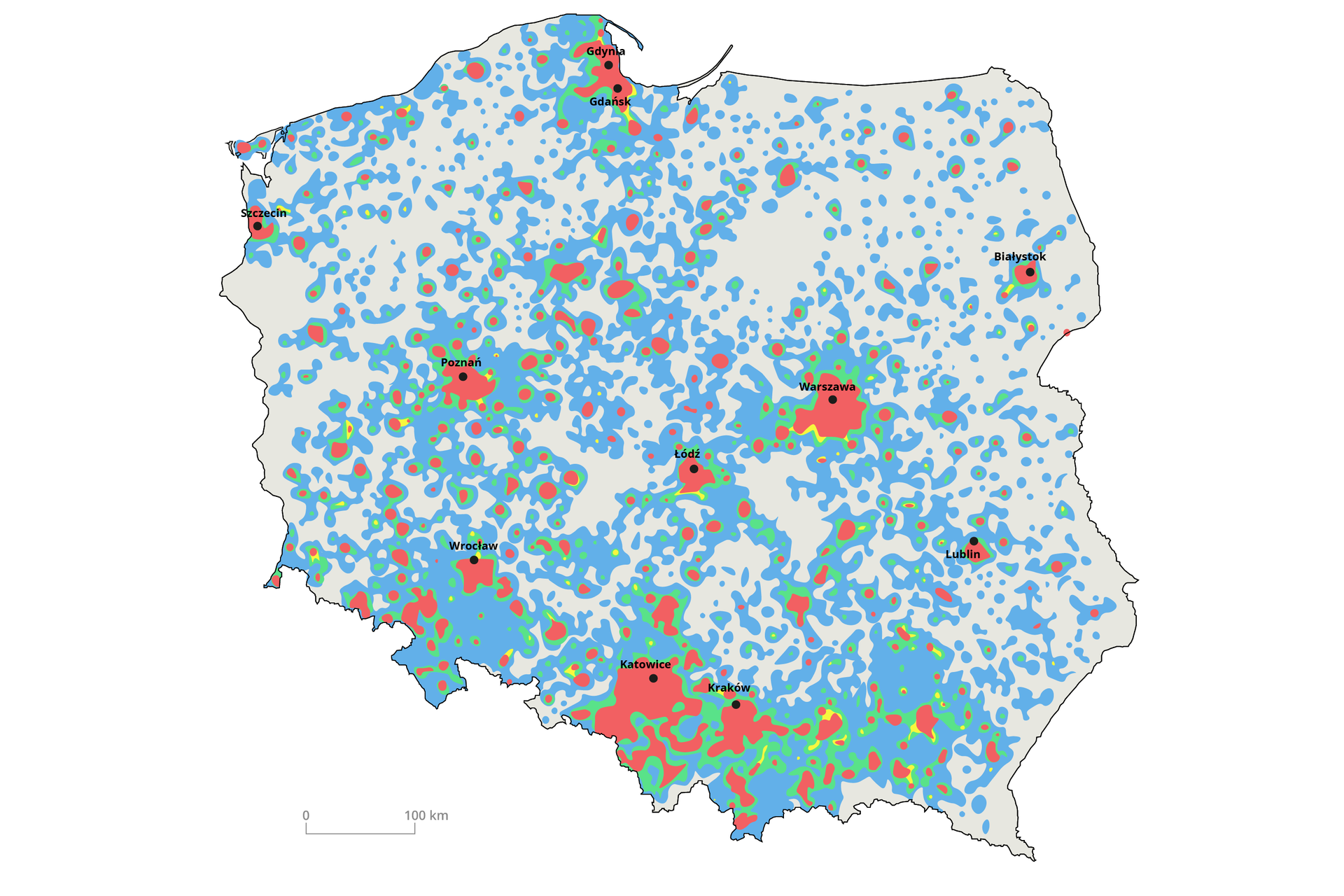 Mapa polski prezentująca użytkowników telefonów komórkowych, którzy ustawili sobie w telefonie język ukraiński lub rosyjski, a do tego przynajmniej raz w ciągu roku podróżowali do Ukrainy albo zmieniali kartę SIM na ukraińską (im bardziej czerwony kolor, tym większe skupisko takich użytkowników). Czerwone obszary występują w sąsiedztwie dużych miast: Warszawy, Katowic, Krakowa, Wrocławia, Gdyni, Gdańska i Sopotu, Łodzi, Lublina, Białegostoku, Szczecina, Bydgoszczy , Torunia, Rzeszowa. Czerwone plamy występują również w sąsiedztwie mniejszych miast. Kolorem zielony występuje głównie dookoła czerwonych obszarów, a kolorem niebieskim pokryto pozostałą część kraju. Kolor siwy występuje na obszarach w znacznej odległości od ośrodków miejskich. Na mapie czarną kropką i napisem zaznaczono największe miasta Polski, obok mapy w lewym dolnym rogu występuje podziałka liniowa.