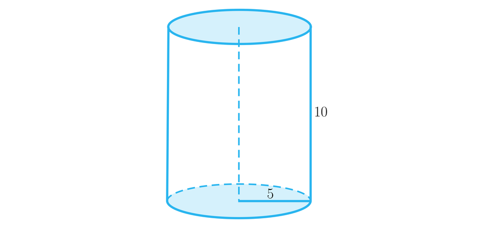 Ilustracja przedstawia walec, średnica podstawy ma długość 5, a krawędź boczna ma długość dziesięć. 