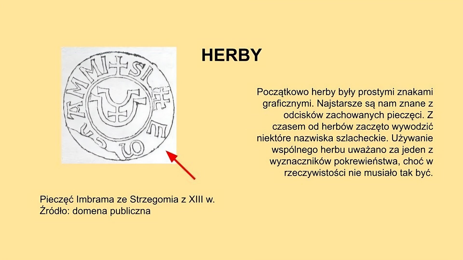 Slajd, na nim tytuł: Herby, umieszczony na środku w górnej części. Z prawej ilustracja, która przedstawia odcisk pochodzącej z XIII wieku pieczęci, która należała do Imbrama ze Strzegomia. W centralnej części pieczęci znajduje się jedno z najstarszych przedstawień znaku używanego przez rodzinę Imbrama. Są to dwie podkowy jedna nad drugą przedzielone krzyżem. W otoku pieczęci znajduje się łaciński napis. Pod ilustracją napis, od którego odchodzi w kierunku ilustracji czerwona strzałka. Napis brzmi: Pieczęć Imbrama ze Strzegomia z XIII w., żródło: domena publiczna. Z prawej strony slajdu tekst: Początkowo herby były prostymi znakami graficznymi. Najstarsze są nam znane z odcisków zachowanych pieczęci. Z czasem od herbów zaczęto wywodzić niektóre nazwiska szlacheckie. Używanie wspólnego herbu uważano za jeden z wyznaczników pokrewieństwa, choć w rzeczywistości nie musiało tak być. 