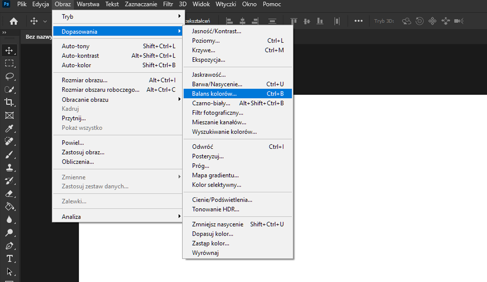 Na zdjęciu przedstawiono wybór narzędzi: balans kolorów w programie graficznym Photoshop.W górnej części okna aplikacji znajduje się pasek narzędzi. Na pasku widoczne są zakładki: plik. edycja, obraz, warstwa, tekst, zaznaczenie, filtr, trzy de, widok, wtyczki, okno, pomoc. Opcja obraz jest rozwinięta. Na rozwijalnej liście widać następujące opcje: tryb, dopasowania, auto‑tony, auto‑kontrast, auto‑kolor, rozmiar obrazu, rozmiar obszaru roboczego, obracanie obrazu, kopiuj, przytnij pokaż wszystko, powiel, zastosuj obraz, obliczanie, zmienne, zastosuj zestaw danych, zalewki, analiza. Opcja dopasowanie jest rozwinięta. Kolejne pozycje na rozwijalnej liście dopasowania: jasność lub kontrast, poziomy, krzywe, ekspozycja, jaskrawość, barwa lub nasycenie, balans kolorów, czarno‑biały, filtr fotograficzny, mieszanie kanałów, wyszukiwanie kolorów, odwróć, posteryzuj, próg, mapa gradientu, kolor selektywny, cienie lub podświetlenia, tonowanie HDR, zmniejszenie nasycenia, dopasuj kolor, zastąp kolor wyrównaj. Opcja balans kolorów jest podświetlona.