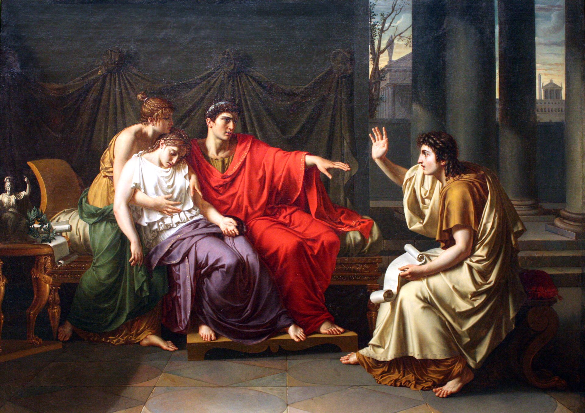 Obraz przedstawiający scenę: Wergiliusz czyta Eneidę Augustowi, Oktawii i Liwii. Obraz olejny z początku XIX wieku, Jean-Baptiste Wicar. Art Institute, Chicago.