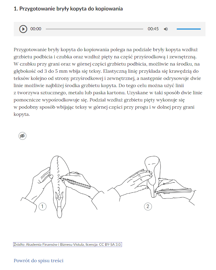 Grafika przedstawia przykładową grafikę interaktywną. W górnej części nagłówek: 1. Przygotowanie bryły kopyta do kopiowania. Poniżej odtwarzacz nagrania lektorskiego oraz opis. Pod opisem grafika z punktami interaktywnymi. 