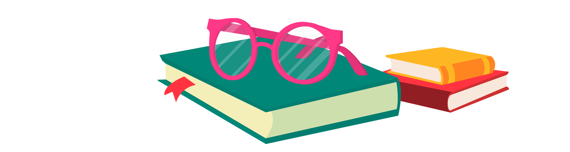 Ilustracja przedstawia książkę w ciemnozielonej okładce, na której leżą okulary w okrągłych ciemnoróżowych oprawkach. Po prawej stronie, nieco w oddali, są dwie książki ułożone jedna na drugiej. Pierwsza ma pomarańczową okładkę, a druga czerwoną.