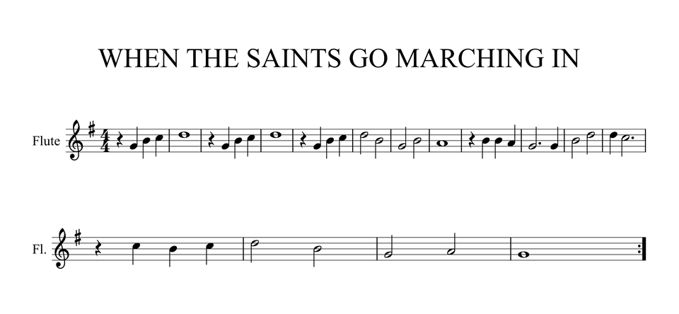 Zapis nutowy tematu When the saints go marching in w tonacji G‑dur. Metrum cztery czwarte, przy kluczu krzyżyk fis. Dźwięki melodii g h c d, g h c d, g h c d h g h a, h h a g g h d d c, c h c d h g a g.