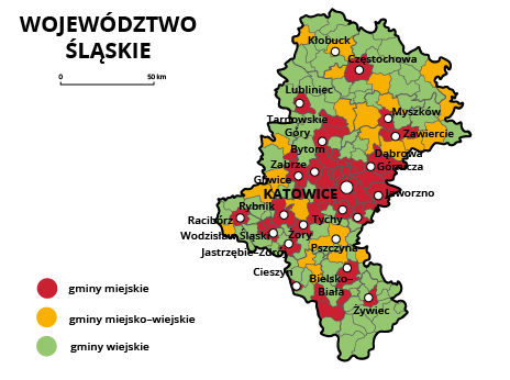Mapa województwa śląskiego. Na mapie szarymi liniami zaznaczono granice powiatów ziemskich, białymi kropkami zaznaczono miasta będące stolicami powiatów. W obrębie powiatów ziemskich kolorami wyróżniono gminy miejskie (na czerwono), miejsko‑wiejskie (na żółto) i wiejskie (na zielono). Stolicą województwa jest Katowice. Stolicami gmin miejskich są Katowice, Częstochowa, Lubliniec, Tarnowskie Góry, Myszków, Zawiercie, Dąbrowa Górnicza, Gliwice, Racibórz, Wodzisław, Śląski, Jastrzębie‑Zdrój, Cieszyn, Bielsko‑Biała, Żywiec, Tychy, Żory, Zabrze, Bytom, Jaworzno, Rybnik. Stolicami gmin miejsko‑wiejskich są Kłobuck, Pszczyna.