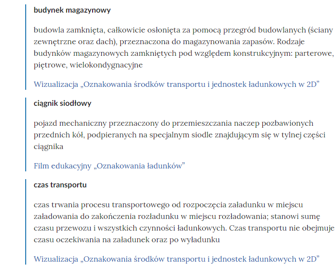 Zrzut ekranu przedstawia kilka pojęć ze Słownika. Konstrukcja jest następująca: pojęcie, poniżej jego wyjaśnienie, a pod nim znajduje się link, po którego kliknięciu użytkownik przenosi się do rozdziału w tym materiale, w którym dane pojęcie jest wykorzystywane. Linków może być jeden lub kilka, w zależności od tego, w ilu rozdziałach użyto pojęcia.