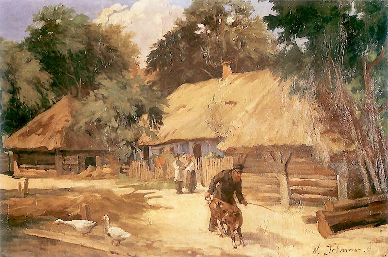 Ilustracja przedstawia wiejską zagrodę. Na pierwszym planie po lewej stronie spacerują dwie gęsi. Pośrodku na piaszczystej drodze dojrzały mężczyzna pochodzenia żydowskiego prowadzi cielę. Mężczyzna ma obfitą brodę. Postać lekko się pochyla. Mężczyzna jest ubrany w długi chałat. Na głowie ma czapkę z daszkiem. W lewej ręce trzyma dość długi kij. Po prawej stronie leżą pnie drzew. Na drugim planie stoją drewniane chaty pokryte strzechą. Wzdłuż jednej z chat stoi drewniany płot. Stoi przy nim dwoje ludzi: mężczyzna ubrany w długi kaftan i spodnie, z kapeluszem na głowie oraz kobieta ubrana w koszulę i długą spódnicę. Na głowie ma chustę. W tle rosną drzewa.