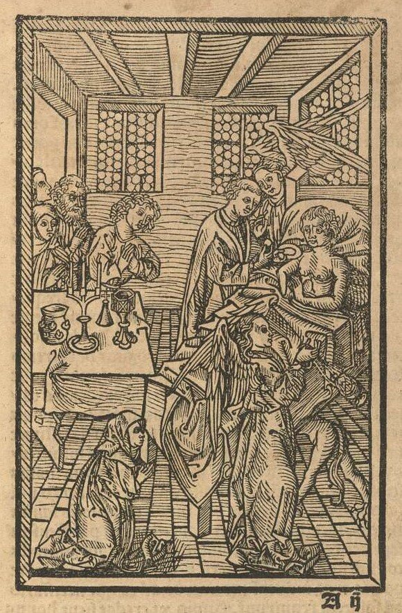 Rycina przedstawia wnętrze pokoju. Znajduje się w nim łoże i leżący w nim, umierający mężczyzna. Przy łożu stoi ksiądz i błogosławi umierającego. U wezgłowia i stóp łoża stoją dwa anioły. W pokoju zgromadzona jest rodzina umierającego. Przy łożu klęczy płaczka. Pod łóżko włazi diabeł, widać tylko jego ogon i tylne nogi.