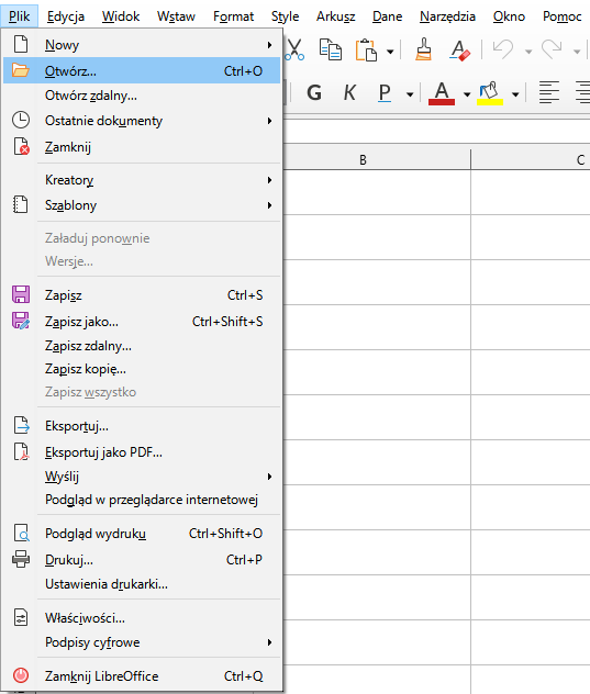 Ilustracja przedstawia otwarty program Microsoft Excel. U góry na pasku zadań została wybrana opcja Plik, a następnie opcja Otwórz. 
