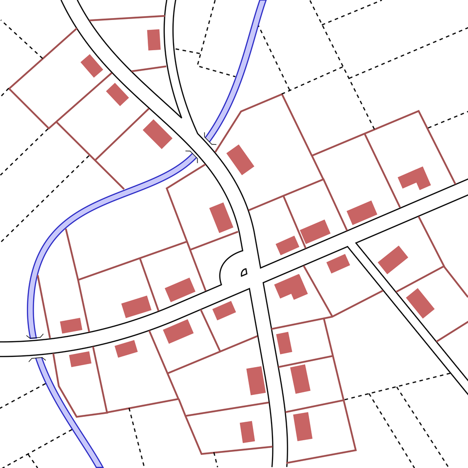 Prosta ilustracja przedstawia fizjonomiczny typ wsi - wielodrożnicę, w której drogi krzyżują się ze sobą. Po obu stronach dróg usytuowane są gospodarstwa domowe, a za nimi znajdują się pola uprawne. Domy oznaczono jako czerwone kwadraty, a pola to przerywane linie. 