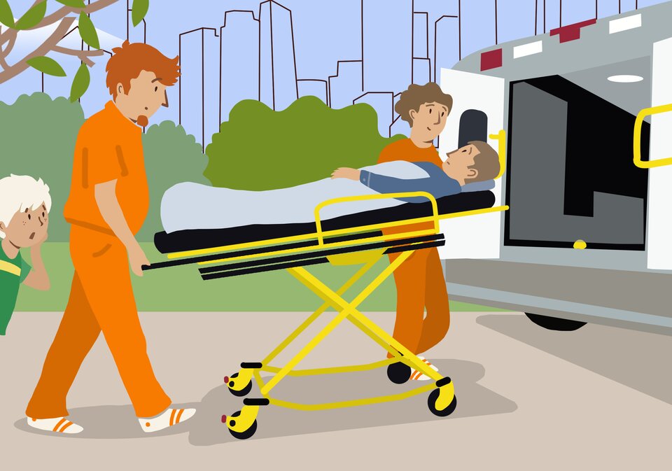 Widoczna jest ilustracja. Przedstawia parę ratowników wiozących na noszach mężczyznę do karetki. W tle widoczny jest chłopiec przyglądający się temu zdarzeniu. Ma przestraszoną minę.