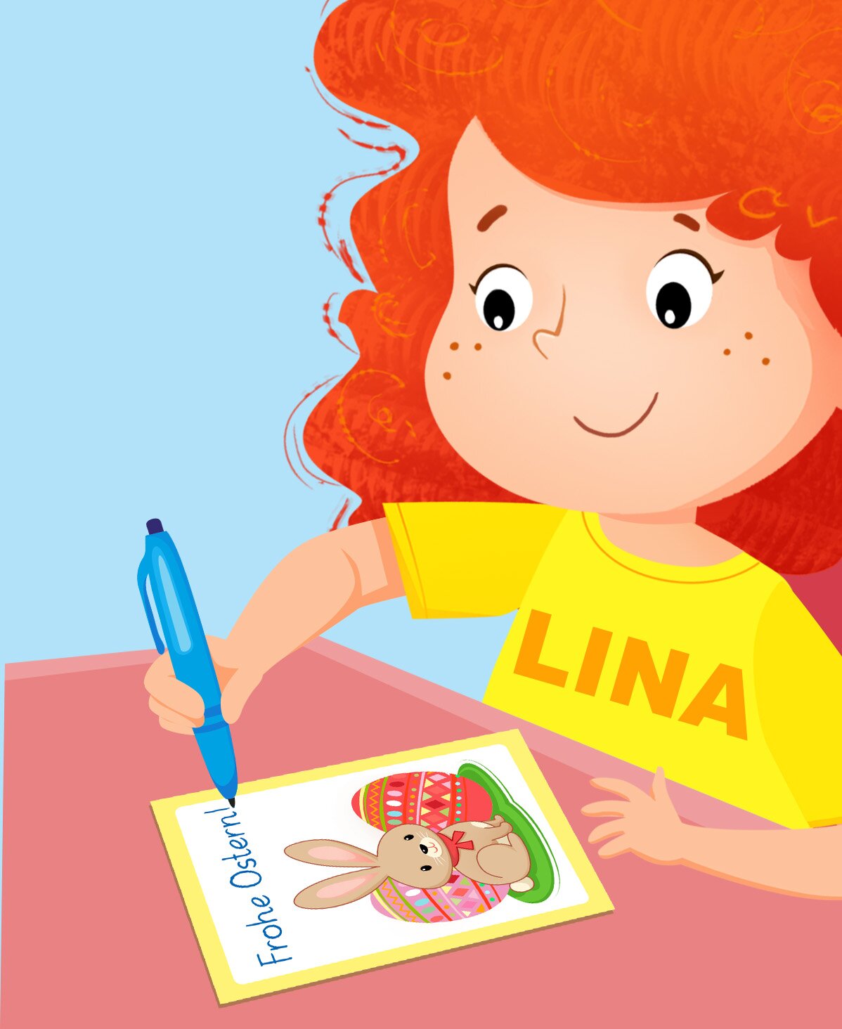 Ilustracja przedstawia Linę podpisującą kartkę świąteczną.