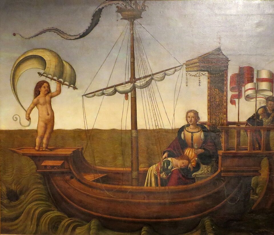 Ilustracja przedstawiająca drewniany żaglowiec płynący pośrodku spokojnego morza. Na dziobie statku stoi nagi, pulchny chłopiec. Ma długie włosy opadające na plecy i okrągłą, pyzatą twarz. W dłoniach trzyma niewielki żagiel wybrzuszony ku górze pod wpływem powiewu wiatru. Pośrodku stoi maszt ze zwiniętym żaglem. Dalej stoi bogato zdobiony tron, na którym siedzi odwrócona do nas przodem kobieta w sile wieku. Ma owalną twarz i upięte, gładko zaczesane włosy. Ma gładkie czoło, wąskie brwi, małe oczy i usta. Ubrana jest w długą suknię i obszerny płaszcz. W lewej dłoni trzyma puchar z napojem. Prawą rękę opiera o plecy klęczącej młodej kobiety, która opiera głowę o kolana siedzącej. Za tronem na rufie stoi młody mężczyzna. Ma krótkie włosy i okrągłą twarz. Jest ubrany w krótki, sięgający bioder kaftan i wąskie spodnie. Łokciami opiera się o barierkę, do której umocowano dwa maszty. Na masztach powiewają dwie chorągwie: czerwona i biała z czerwonym krzyżem.