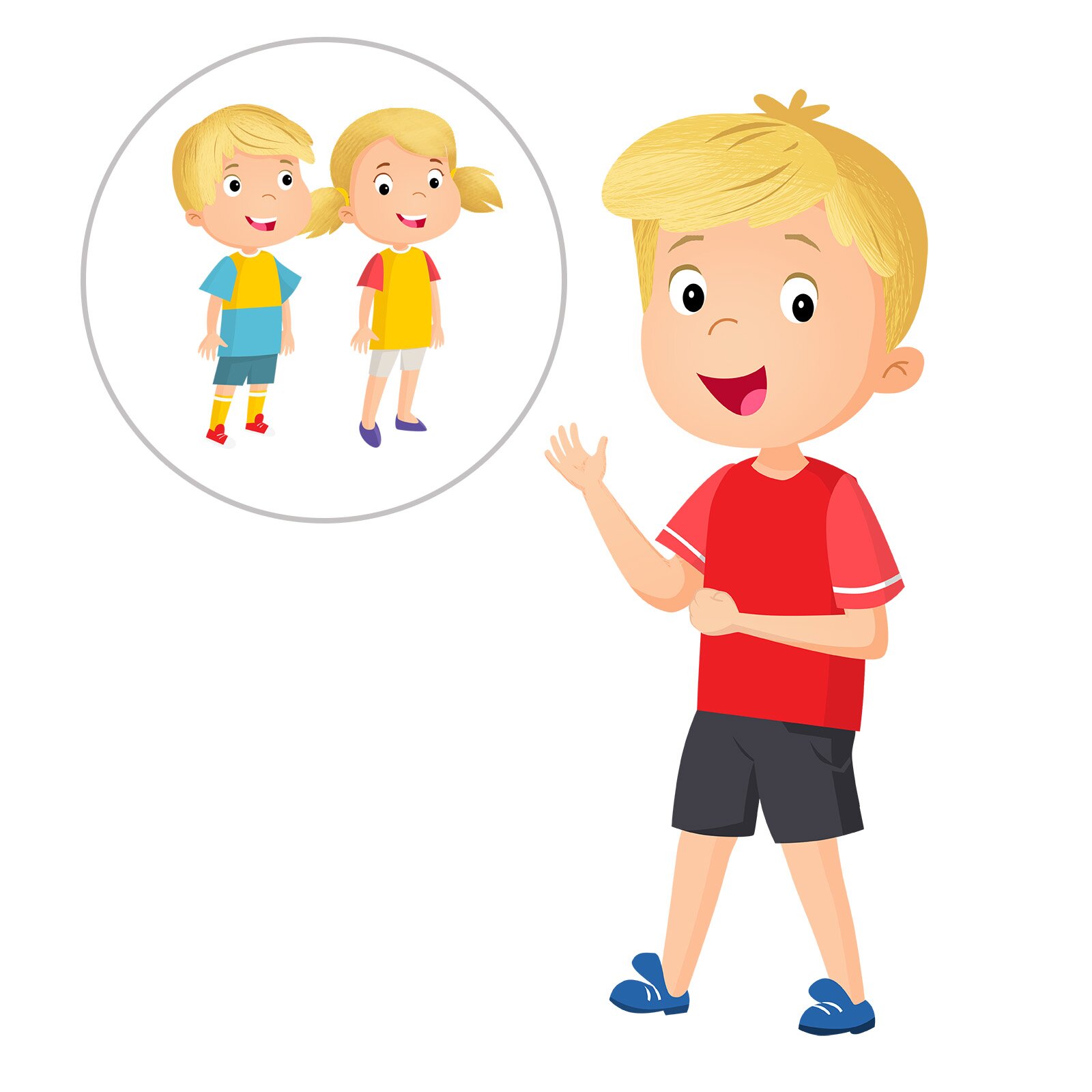 Ilustracja przedstawia chłopca, wskazującego na dymek, w którym znajduje się dwoje dzieci: chłopiec i dziewczynka.