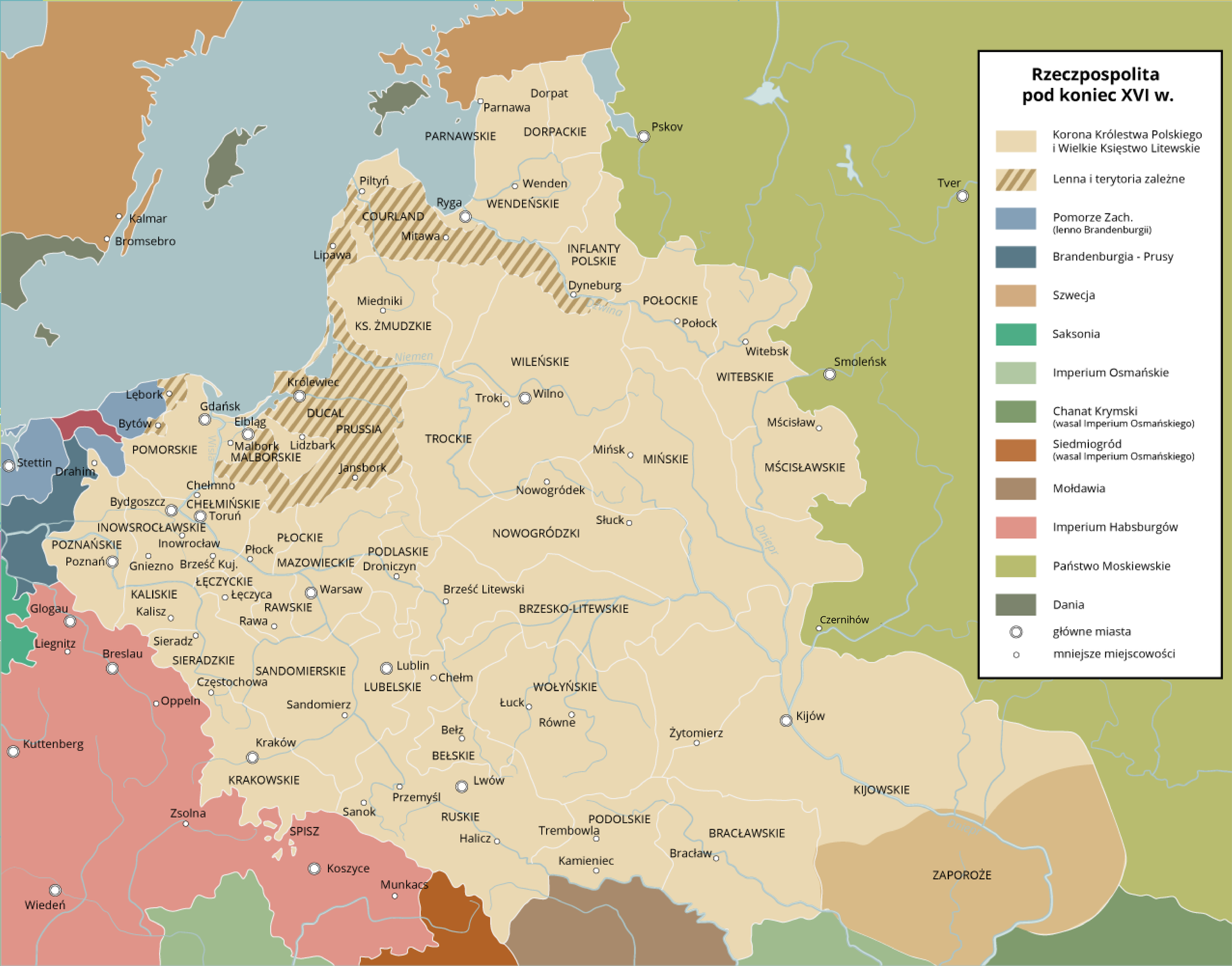 Ilustracja przedstawia mapę Rzeczypospolitej pod koniec 16 wieku. Główny wyszczególniony obszar to teren Korony Królestwa Polskiego i Wielkiego Księstwa Litewskiego. Jest to bardzo rozległy obszar, na północy zawiera współczesne państwa nad bałkańskie: Litwę, Łotwę i Estonię. Granica z Państwem Moskiewskim przebiega na zachód od rosyjskiego miasta Psków. Rzeczpospolita obejmowała ówcześnie całe wybrzeże Morza Bałtyckiego, aż do Lęborka. Na północnym-zachodzie Polska graniczyła z Pomorzem Zachodnim, które stanowiło lenno Brandenburgii oraz z Brandenburgią – Prusy. Na zachodzie granica Rzeczpospolitej z imperium Habsburgów prowadzi na wschód od Poznania, Kalisza, Sieradza, Częstochowy i Krakowa. Na południu sąsiadami był Siedmiogród (wasal Imperium Osmańskiego), Mołdawia, Imperium Osmańskie, Zaporoże, które oddzielały Polskę od Chanatu Krymskiego. 
