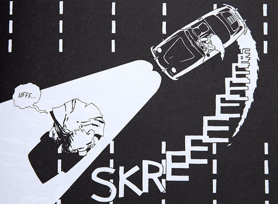 Scena z komiksu przedstawia scenę wymijania przez samochód, leżącego na drodze mężczyzny, ujętą z góry. Kobieta w długich włosach, jedzie kabrioletem w nocy, ma włączone światła. Na drodze leży mężczyzna. Aby go ominąć kobieta musi wykonać gwałtowny skręt. Od maski samochodu do mężczyzny jest wpisane w półokręgu słowo: SKRĘĘĘĘĘĘĘĘĘĘĘĘĘĘĘT. Mężczyzna, którego kobieta minęła, wypowiada: Ufff....