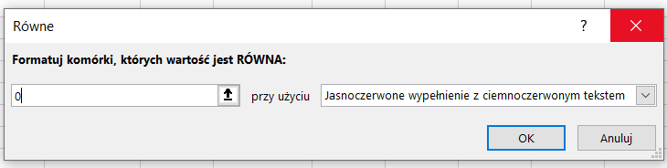 Ilustracja przedstawia okno o nazwie Równe. W polu o nazwie Formatuj komórki, których wartość jest RÓWNA: wpisano zero przy użyciu Jasnoczerwone wypełnienie z ciemnoczerwonym tekstem. Zastosowano przycisk OK.  