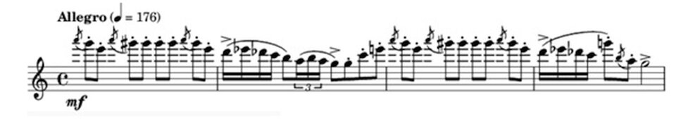 Ilustracja przedstawia zapis nutowy na pięciolinii utworu Siergieja Prokofiewa, „Piotruś i wilk”, temat ptaszka – flet.