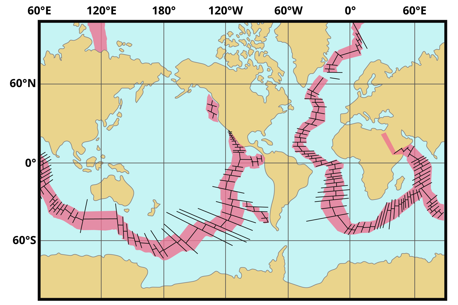 Na mapie znajdują się wstęgi biegnące po oceanach. Wstęgi mają poprzeczne kreski połączone z prostopadłymi do nich kreskami. Jedna wstęga biegnie wzdłuż wybrzeży Ameryk, pod Australią i zakręca w stronę Azji. Druga wstęga biegnie pomiędzy Amerykami a Europą i Afryka, następnie pod Afryka i wzdłuż jej wschodniego wybrzeża.