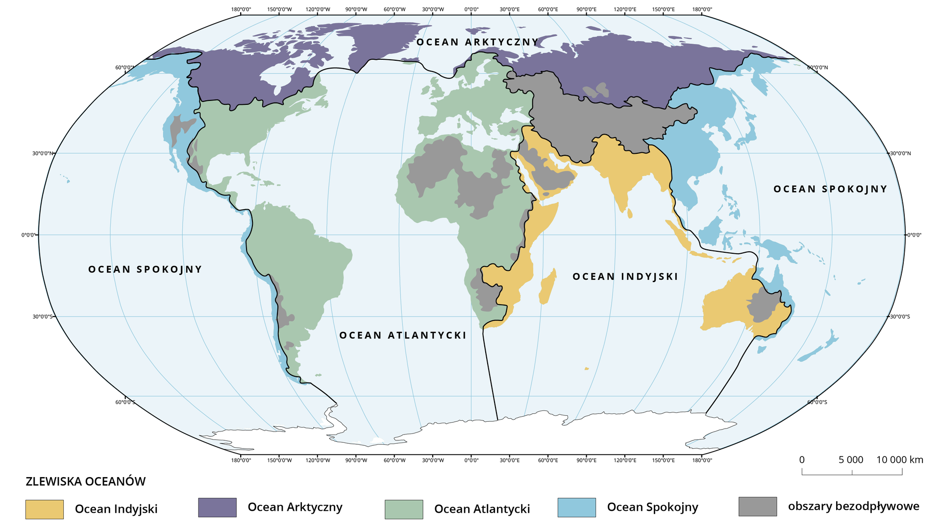 Mapa świata przedstawia zlewiska oceanów. Zlewisko Oceanu Indyjskiego obejmuje wschodnie wybrzeże Afryki, Półwysep Arabski, Indie, Indonezję, zachodnią i środkową Australię. Zlewisko Oceanu Arktycznego obejmuje północną Amerykę Północną, Grenlandię, północne krańce krajów skandynawskich, północną i środkową Azję. Zlewisko Oceanu Atlantyckiego obejmuje wschodnią i środkową Amerykę Północną, wschodnią Amerykę Łacińską, wschodnią i środkową Amerykę Południową, zachodnią i środkową Afrykę, Europę. Zlewisko Oceanu Spokojnego obejmuje zachodnie krańce Ameryki Północnej, Środkowej i Południowej, wschodnią Azję, północne krańce Australii.