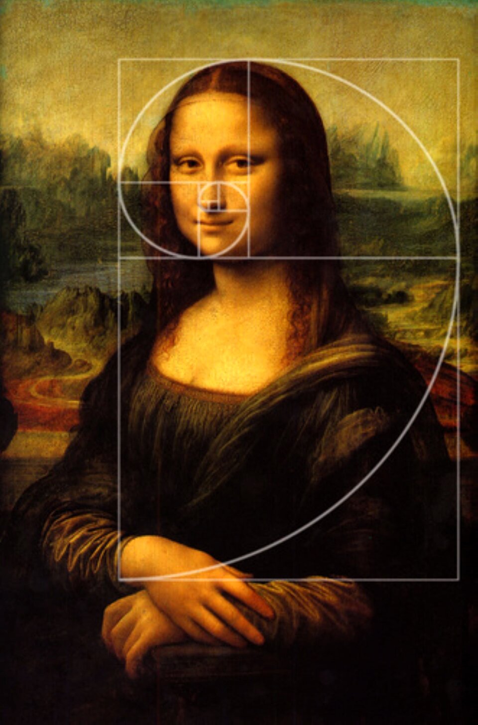 Ilustracja przedstawia obraz Leonarda da Vinci „Mona Lisa", na który nałożona została siatka złotej spirali. Pokazuje ona, że twarz znajdująca się na obrazie jest idealna, zbudowana według zasad złotej proporcji.