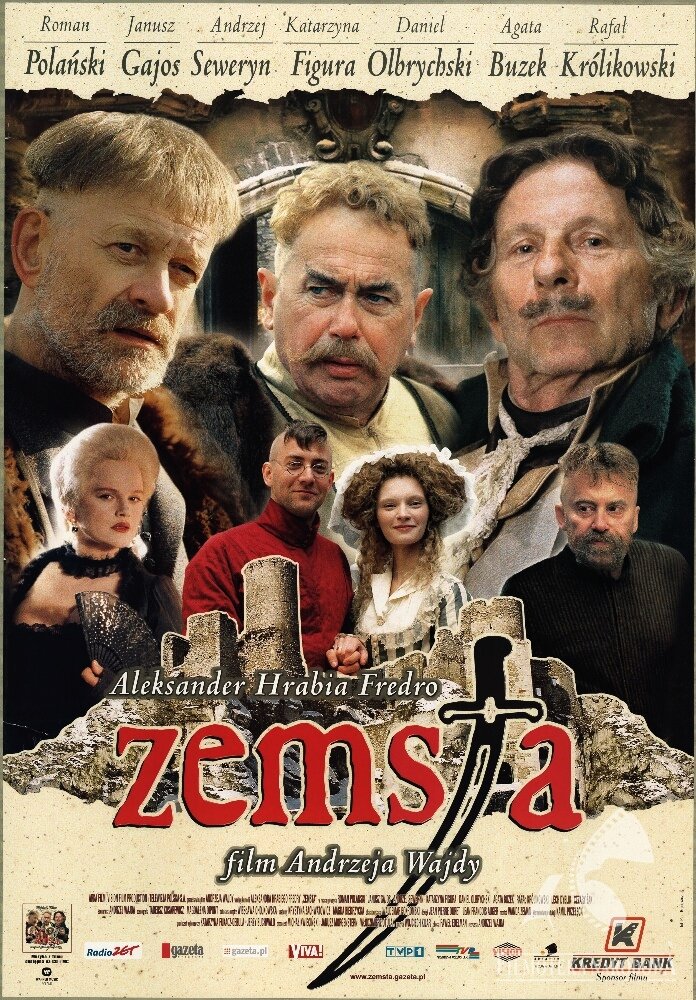 Ilustracja przedstawia plakat filmowy. U dołu strony widnieje grafika przedstawiająca ruiny zamczyska. Pod nią znajduje się duży, czerwony napis „Zemsta” (litera „T” ma kształt szabli), nad nim słowa: "Aleksander Hrabia Fredro”, a poniżej „film Andrzeja Wajdy”. Nad zamkiem w dwóch rzędach umieszczono sylwetki bohaterów. W rzędzie niższym od lewej widnieją: kobieta o blond, zaczesanych w kok włosach i czerwonych ustach, ma na sobie czarną suknię z dekoltem, czarną, koronkową ozdobę na szyi, w lewej dłoni trzyma wachlarz; obok mężczyzna z wysoko podgoloną głową i grzywką opadającą na czoło, drucianych, okrągłych okularach, ubrany jest w czerwony, zapięty pod szyję płaszcz, obiema rękami ściska dłonie stojącej obok młodej kobiety o jasnej cerze i bujnych, uczesanych w niedbały kok włosach, ma na sobie sukienkę w pasy, z białym karczkiem i kołnierzykiem; obok znajduje się starszy mężczyzna, z wysoko podgoloną głową, rzednącą czupryną na czubku głowy, ma wąsy i brodę, ubrany jest w czarny, zapięty pod szyję strój. Ponad wymienionymi postaciami widnieją twarze trojga bohaterów: od lewej mężczyzna o płowych, równo ostrzyżonych włosach i podgolonych bokach, siwej brodzie i wąsach; w środku – starszy mężczyzna o ciemnych, ściągniętych brwiach, sumiastych wąsach i blond, lekko kręconej czuprynie oraz podgolonych bokach; ostatnia postać to starszy mężczyzna z małym wąsikiem i lekko kręconych, siwiejących włosach, ubrany jest w czarny kaftan, pod szyją ma zawiązaną białą wstążkę. Ponad nimi, w tle znajduje się ozdobne zwieńczenie muru, a powyżej wypisano nazwiska aktorów. Od lewej: Roman Polański, Janusz Gajos, Andrzej Seweryn, Katarzyna Figura, Daniel Olbrychski, Agata Buzek, Rafał Królikowski. U samego dołu strony widnieją nieczytelne napisy oraz znaki firmowe instytucji: RadioZet, Gazeta Wyborcza, gazeta.pl,  Viva!, TVP1, TVB, Vision, Kredyt Bank.